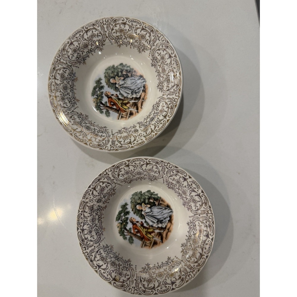 Vintage Ceramic Fruit Bowl and Saucer Set Gold Filigree Courting Couple 4pc - Picture 3 of 4